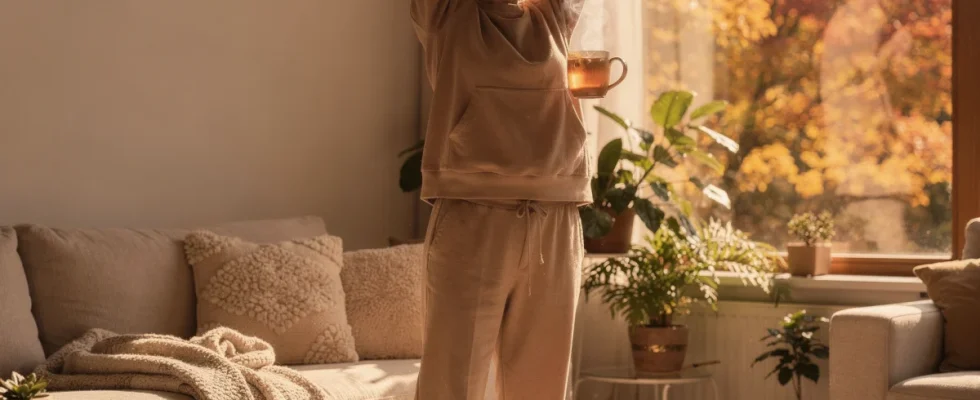 Woman stretching in morning sunlight near window to boost natural energy during fall
