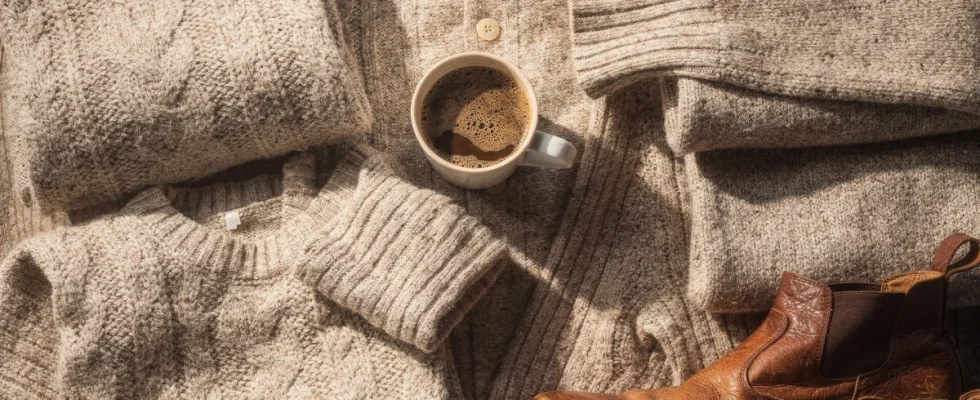 Assortment of stylish fall knitwear sweaters and autumn accessories arranged on a rustic table