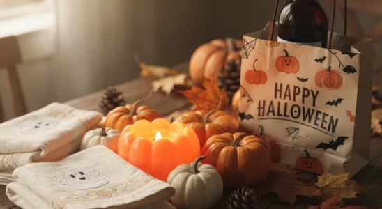 A festive fall tabletop spread showcasing affordable Halloween hostess gift ideas.
