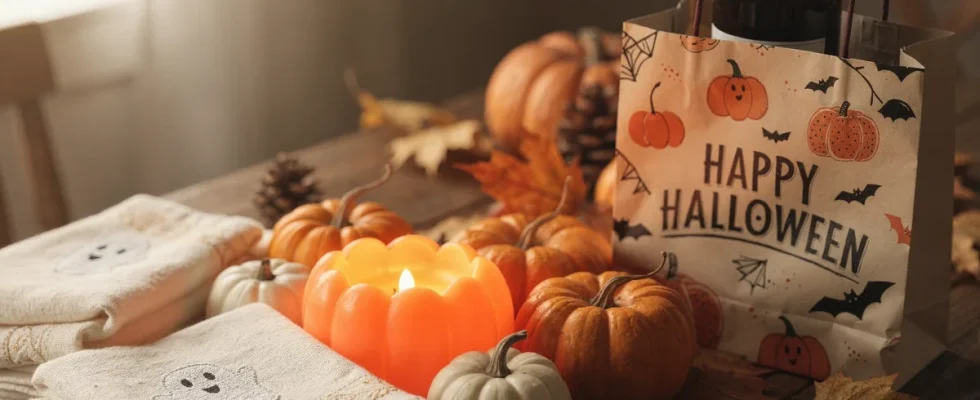 A festive fall tabletop spread showcasing affordable Halloween hostess gift ideas.
