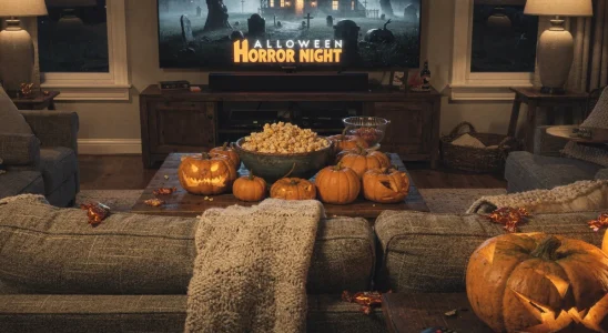 Cozy living room setup for streaming Halloween movies with popcorn and pumpkins