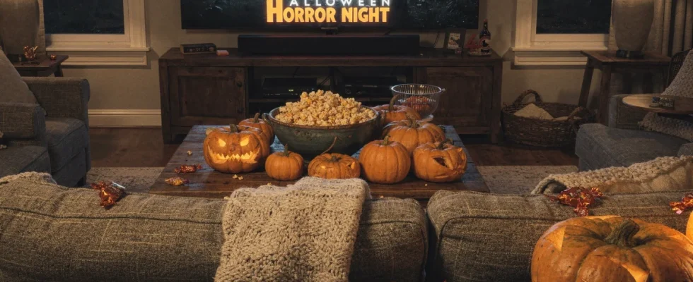 Cozy living room setup for streaming Halloween movies with popcorn and pumpkins