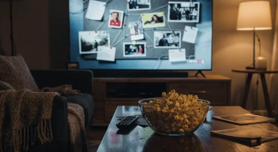 Living room setup showing a television playing a true crime documentary investigation scene.