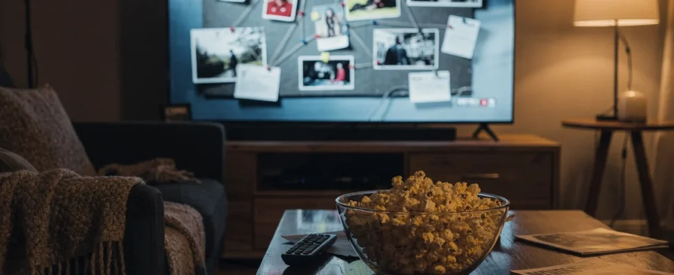 Living room setup showing a television playing a true crime documentary investigation scene.