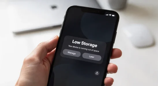 Smartphone displaying a storage full notification on a modern desk setup