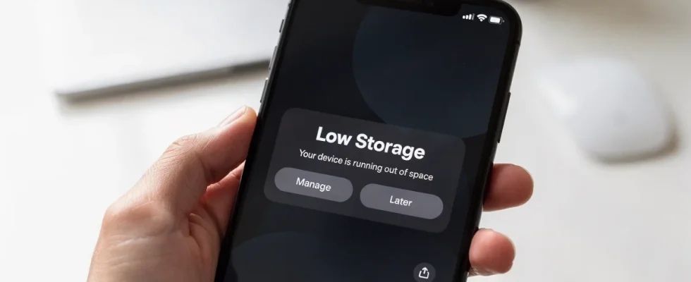Smartphone displaying a storage full notification on a modern desk setup