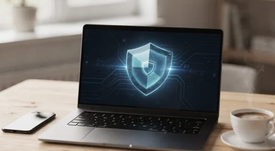 Cybersecurity concept showing a laptop screen with a security shield icon to avoid common online scams.