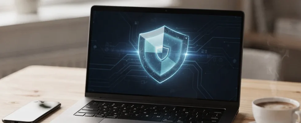 Cybersecurity concept showing a laptop screen with a security shield icon to avoid common online scams.